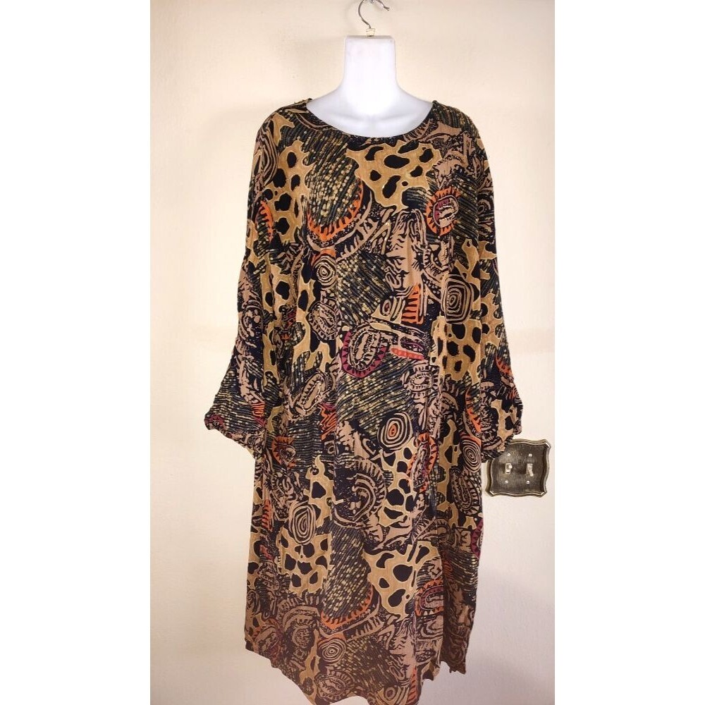 Vtg Women's Gabrielle 100% Rayon Brown Shades Boho Animal Print Dress Size 2X
